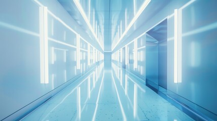 Obraz premium A long, futuristic hallway bathed in blue light, creating an ethereal, sci-fi ambiance with reflections that seem infinite and surreal.
