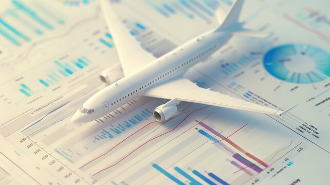 A sleek white airplane model rests on financial charts and graphs, symbolizing the intersection of aviation and business in a detailed, modern setting.