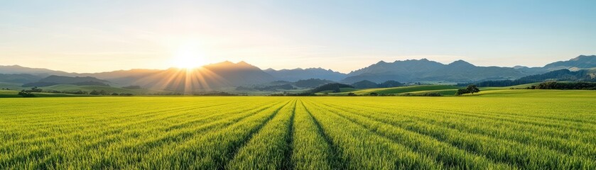 A beautiful landscape at sunrise with lush green fields and distant mountains, perfect for nature and agriculture themes.