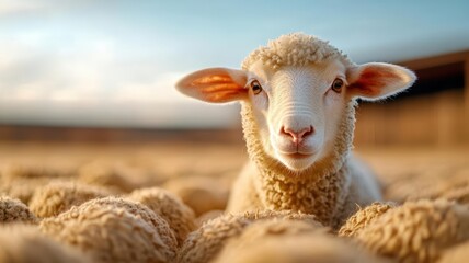 Obraz premium A close-up of a young sheep in a serene farm setting, showcasing its fluffy wool and curious expression in warm sunlight.