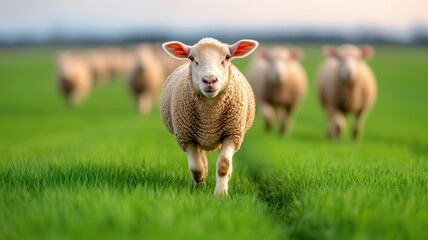 Fototapeta premium A curious sheep walks through lush green grass, surrounded by a calm rural landscape, showcasing the beauty of nature.