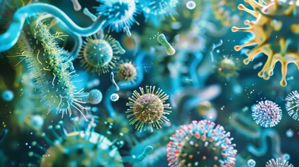 Obraz premium A vibrant, detailed microscopic view of various viruses and bacteria, showcasing their unique forms and colors in a dazzling, scientific visual.