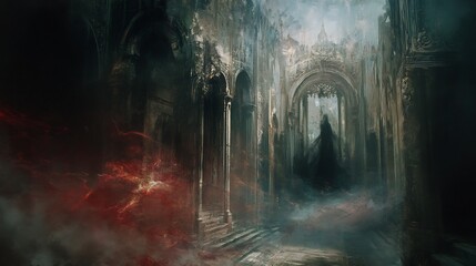 Dark Figure in a Ruined Cathedral