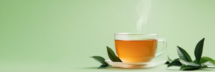 Hot Cup of Tea with Steam and Green Tea Leaves on Green Background - A steaming cup of tea sits on a saucer, surrounded by green tea leaves, symbolizing relaxation, warmth, refreshment, and natural go