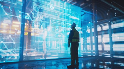A man in safety gear stands in front of a large, digital display of blueprints in a futuristic industrial setting, planning and analyzing complex designs.