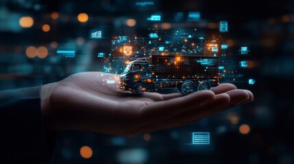 Businessman holding hologram of semi truck with delivery route and data