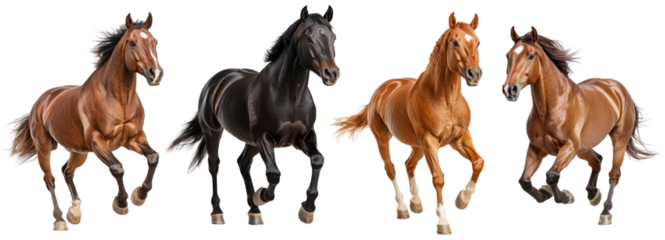 A collection of four horses running together, isolated on a white background.