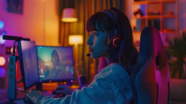 A focused gamer engrossed in a vibrant gaming setup, immersed in an adventure on the screen under the glow of neon lights.