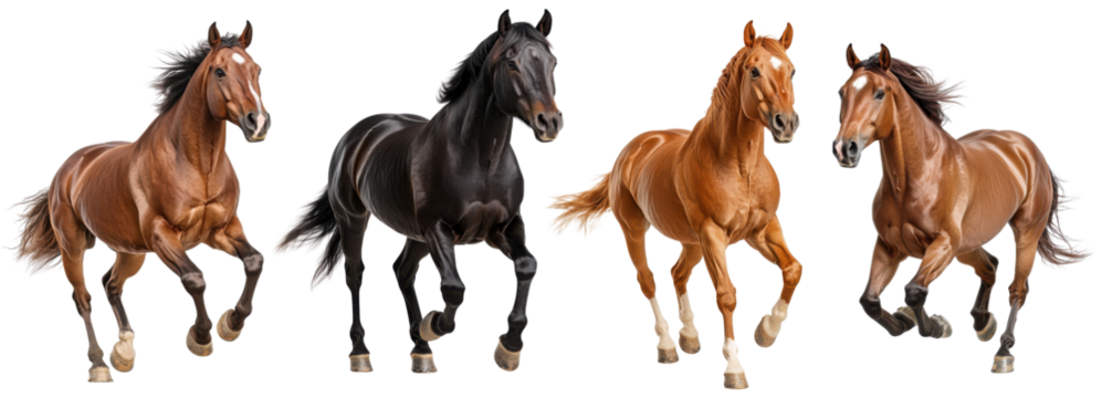 A collection of four horses running together, isolated on a white background.