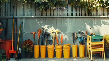 Neatly organized garden tools and bright yellow buckets align against a wooden fence, with leafy vines hanging above, creating a cheerful gardening scene.
