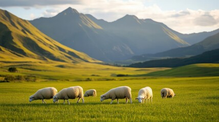 A serene landscape with grazing sheep in lush green fields against majestic mountains under a blue...