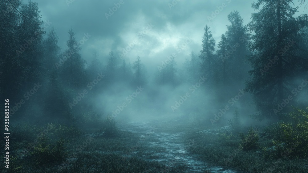 Poster a serene forest path is shrouded in thick fog during early morning hours, with silhouettes of tall p
