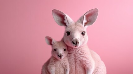 Fototapeta premium A portrait of a kangaroo mother and her joey, both gazing forward, set against a soft pink backdrop, creating a warm and endearing scene.
