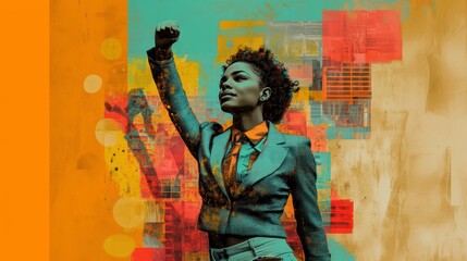 Fototapeta premium Young businesswoman raising fist in colorful collage