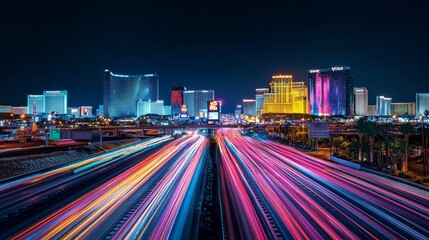 Fototapeta premium Las Vegas Strip Night Lights and Traffic - A breathtaking view of the Las Vegas Strip at night, showcasing vibrant lights, fast-moving traffic, and the iconic skyline of the city.