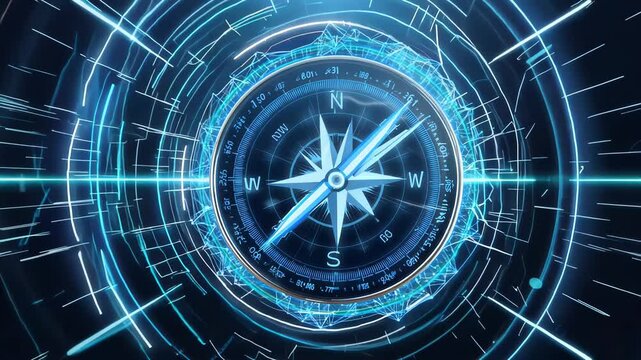 Futuristic digital compass with glowing neon blue lines and advanced navigation technology interface