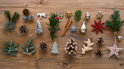 An arrangement of festive Christmas decorations, including pine cones, fir branches, ornaments, and cinnamon sticks, on a wooden background.