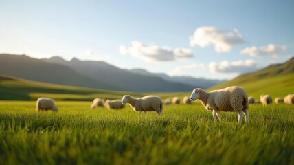 Fototapeta premium Serene landscape with sheep grazing in lush green grass under a bright sky, capturing the essence of rural tranquility.