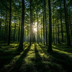 Obraz premium Misty morning sunlight filters through the towering pines of the emerald woodland, illuminating the dew-kissed foliage and winding path