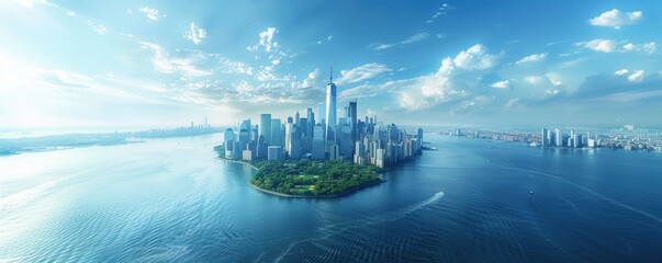 Fototapeta premium Banner. Huge, big city, downtown on island surrounded clear, quiet waters of ocean against cloudy sky.