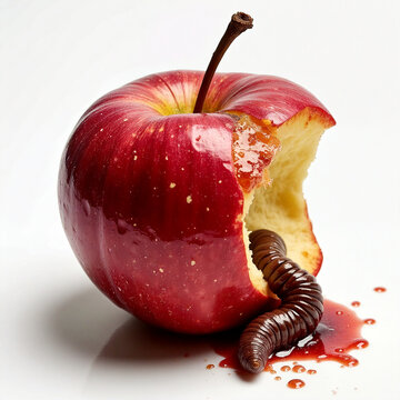 Red apple being eaten by large worm with blood
