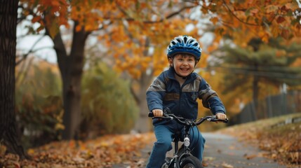 Naklejka premium A young child gleefully rides a bike on a path lined with autumn leaves, framed by colorful trees.