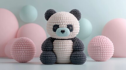 An adorable panda toy sits among soft pastel-colored decorations, creating a playful and charming...