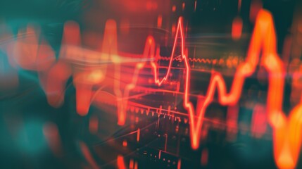 An abstract image featuring red heartbeat lines on a dark, blurred background, conveying energy and motion.