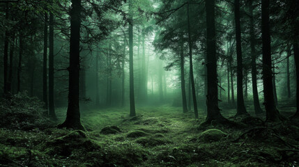 Fototapeta premium ChatGPT said: An image of a dense, dark forest, where the trees are tall and close together, creating an almost impenetrable canopy. The rich green foliage is deep and lush, with varying shades 