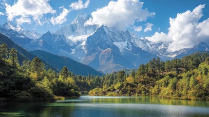 Fototapeta premium Majestic Mountain Peak Reflecting in Serene Lake - A breathtaking landscape showcasing a snow-capped mountain towering over a tranquil lake, surrounded by lush greenery, symbolizing peace, tranquility