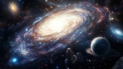 Obraz premium Majestic Spiral Galaxy in Deep Space with Planets and Stars - A stunning view of a spiral galaxy with vibrant colors and a central bulge, surrounded by stars, planets, and nebulae. It symbolizes the v
