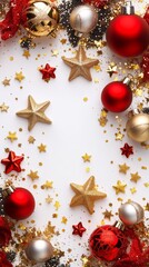 Fototapeta premium Merry Christmas and Happy New Year. Elegant Christmas ornaments background. Ideal for festive holiday cards and decorations.