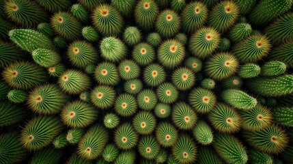 Fototapeta premium A close up of a bunch of green cactus plants. The cactus plants are all different sizes and are arranged in a way that makes them look like they are all connected. The image has a peaceful