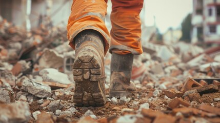Naklejka premium A person in orange attire walking through a rubble-strewn area, emphasizing the chaos and destruction around them with a focus on their boots.