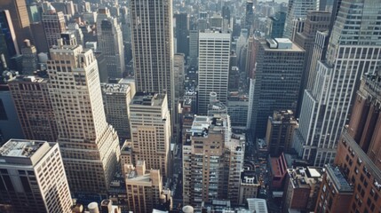Fototapeta premium Dense urban landscape of skyscrapers and buildings, representing the sheer magnitude and bustle of city living.