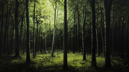 Obraz premium ChatGPT said: An image of a dense, dark forest, where the trees are tall and close together, creating an almost impenetrable canopy. The rich green foliage is deep and lush, with varying shades 