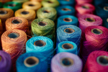 Colorful spools of thread in close-up

