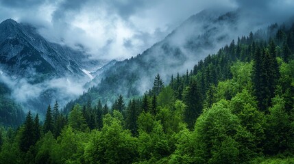 Misty Mountain Forest Landscape - A serene mountain landscape with fog rolling over lush green trees, symbolizing tranquility, nature's beauty, hidden secrets, and the power of the elements.