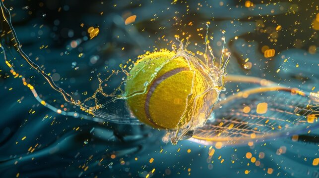 A tennis ball splashes dramatically in water, captured in mid-air with vibrant motion and droplets flying around it. - Powered by Adobe