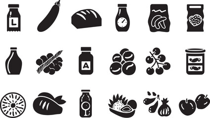 A minimalist vector icon set featuring a plate with portion control, water intake, macronutrients, and dietary supplements