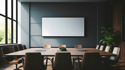 A minimalist boardroom setup with high-tech presentation equipment,
