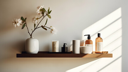 A minimalist bathroom shelf with cruelty-free beauty essentials,