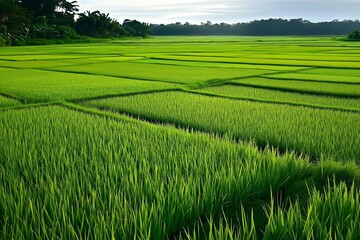 A Stunning View of Lush Green Rice Fields Under Clear Sky