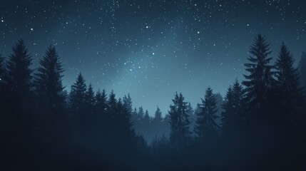 Naklejka premium A breathtaking night sky over a serene forest with stars illuminating the landscape, creating a tranquil and mesmerizing atmosphere.