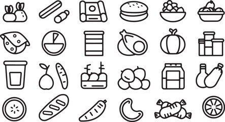 A minimalist vector icon set featuring a plate with portion control, water intake, macronutrients, and dietary supplements