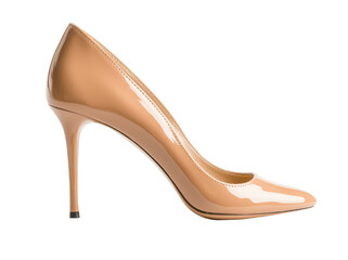 Obraz premium Elegant nude patent high-heeled shoe, isolated on a white background.