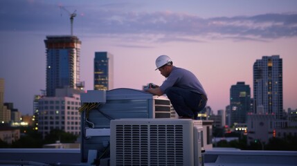 Fototapeta premium A technician in a hard hat works on rooftop HVAC units against a city skyline at dusk, capturing dedication and the beauty of urban infrastructure.