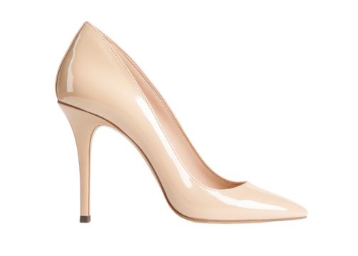 nude patent leather high heel shoe isolated on a white background.