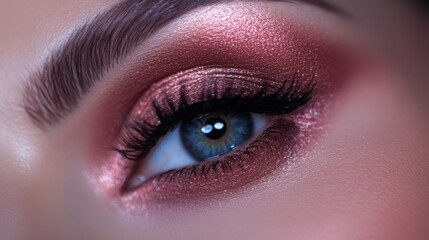 Obraz premium A woman's eye showcasing vibrant rose gold eyeshadow and perfectly applied mascara, emphasizing her striking blue iris.