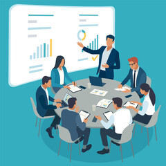 Leader. The sales team at work. Presentation. Discussing business plan. Vector illustration